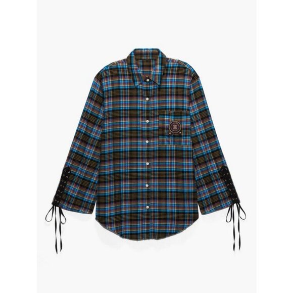 💕SAVAGE x FENTY💕 Tied-Up Tartan PJ Raw Hem Sleep Shirt Blue Plaid Small S NWT - Picture 10 of 16